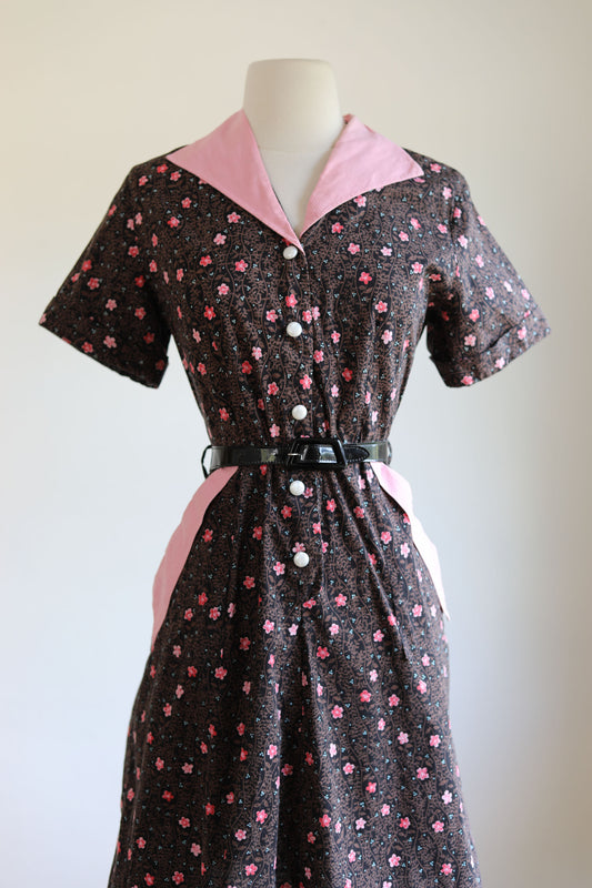 Vintage 1950s Dress - Petite Penney’s Brentwood Cottons Dark Floral with Pink Accents House Chore Dress Petite Size L