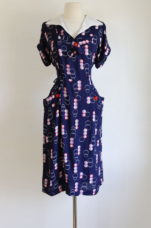 Vintage 1940s Dress - Volup! Navy Red Pink Geometric Novelty Bubble Print w Big Pockets Size L to XL