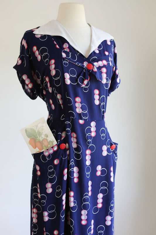 Vintage 1940s Dress - Volup! Navy Red Pink Geometric Novelty Bubble Print w Big Pockets Size L to XL