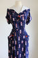 Vintage 1940s Dress - Volup! Navy Red Pink Geometric Novelty Bubble Print w Big Pockets Size L to XL