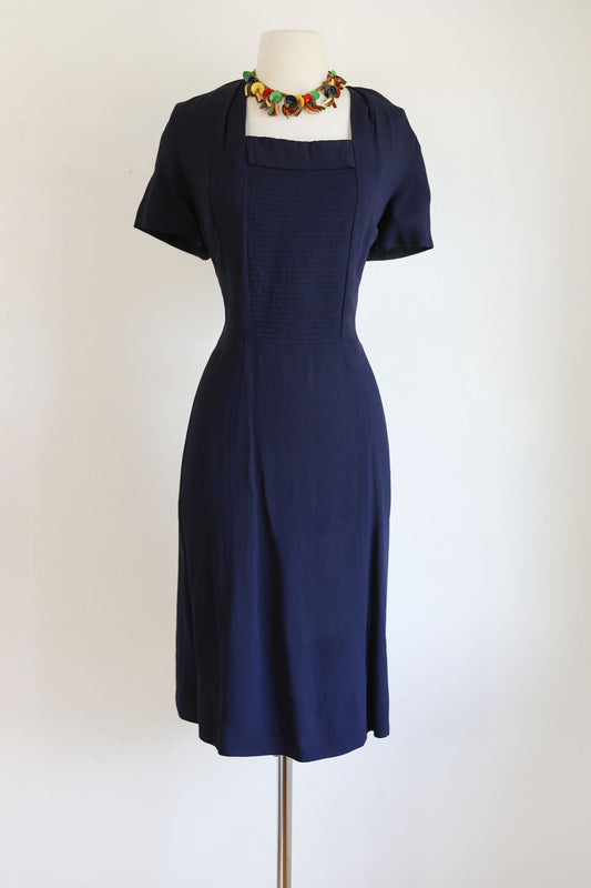 Vintage 1940s to 1950s Dress - Volup! Form Fit Deep Blue Pintucked Versatile Day Dress Size L to XL