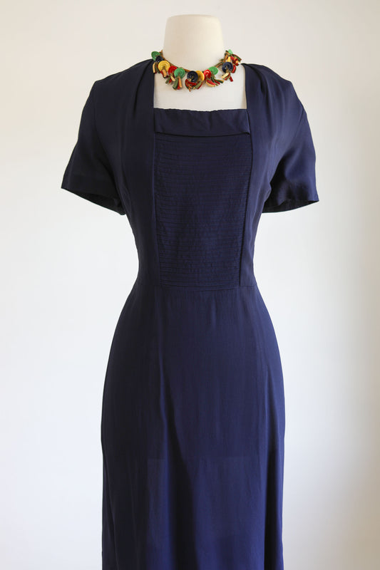 Vintage 1940s to 1950s Dress - Volup! Form Fit Deep Blue Pintucked Versatile Day Dress Size L to XL