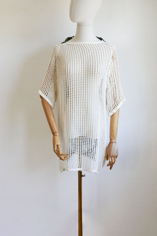 Vintage 1960s Deadstock Danish Army Sheer Ivory + Olive Green Color Block Cotton Fishnet Crochet Net Mini Dress or Swimsuit Cover-Up OSFM