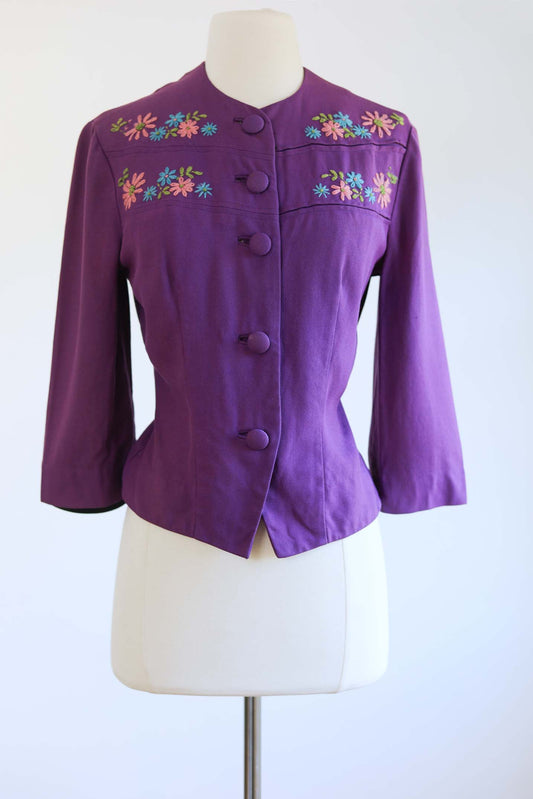 Vintage 1930s to 1940s Jacket or Blouse - ETHEREAL BEAUTY Deep Violet Wool Twill w Colorful Blossom Embroidery Size S to M