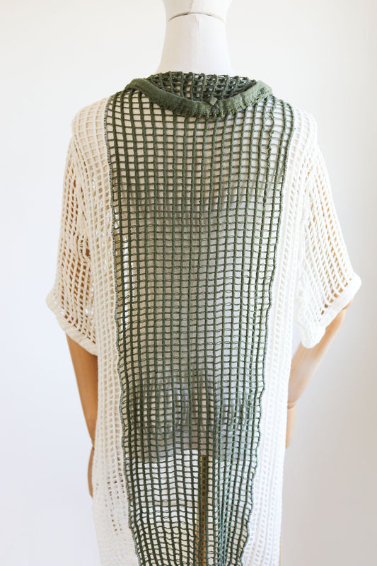 Vintage 1960s Deadstock Danish Army Sheer Ivory + Olive Green Color Block Cotton Fishnet Crochet Net Mini Dress or Swimsuit Cover-Up OSFM