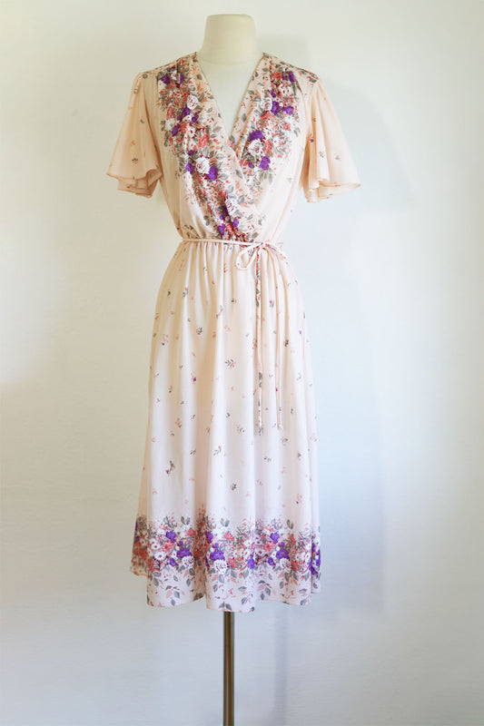 Vintage 1970s Dress - Delicate Ballet Pink Crepe Floral Border Print Dress Size S to M Range