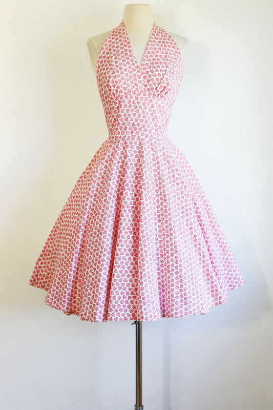 Vintage 1950s Dress - Alluring White Berry Pink Novelty Falling Leap Print Cotton Halter Sundress Circle Skirt Size M