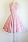 Vintage 1950s Dress - Alluring White Berry Pink Novelty Falling Leap Print Cotton Halter Sundress Circle Skirt Size M