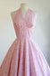 Vintage 1950s Dress - Alluring White Berry Pink Novelty Falling Leap Print Cotton Halter Sundress Circle Skirt Size M