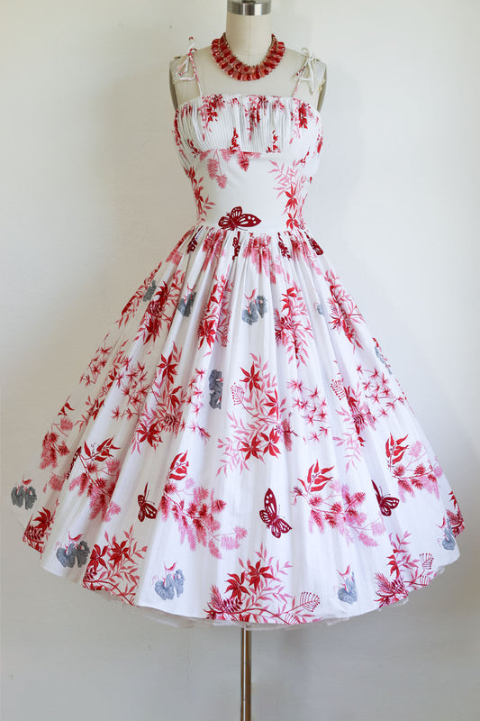 Vintage 1950s Dress - Rare + Amazing Tropical/Hawaiian Butterfly + Pine + Bamboo Novelty Print Pink Red Cotton Sundress Size XS to S