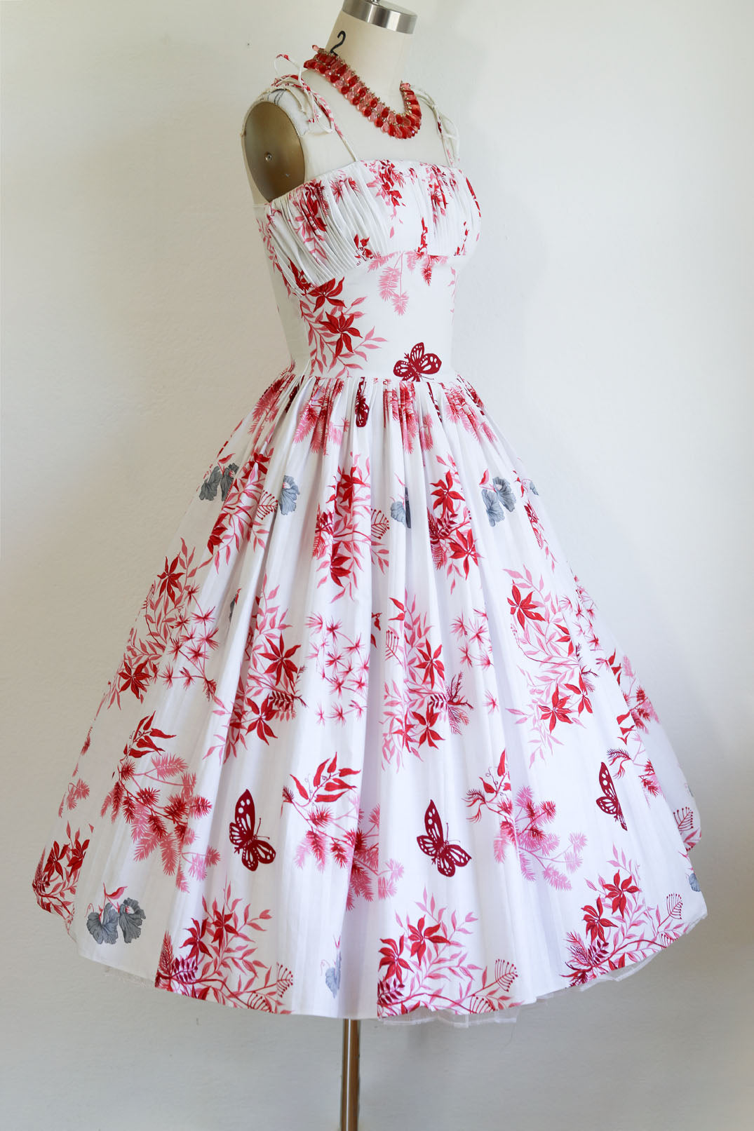 Vintage 1950s Dress - Rare + Amazing Tropical/Hawaiian Butterfly + Pine + Bamboo Novelty Print Pink Red Cotton Sundress Size XS to S