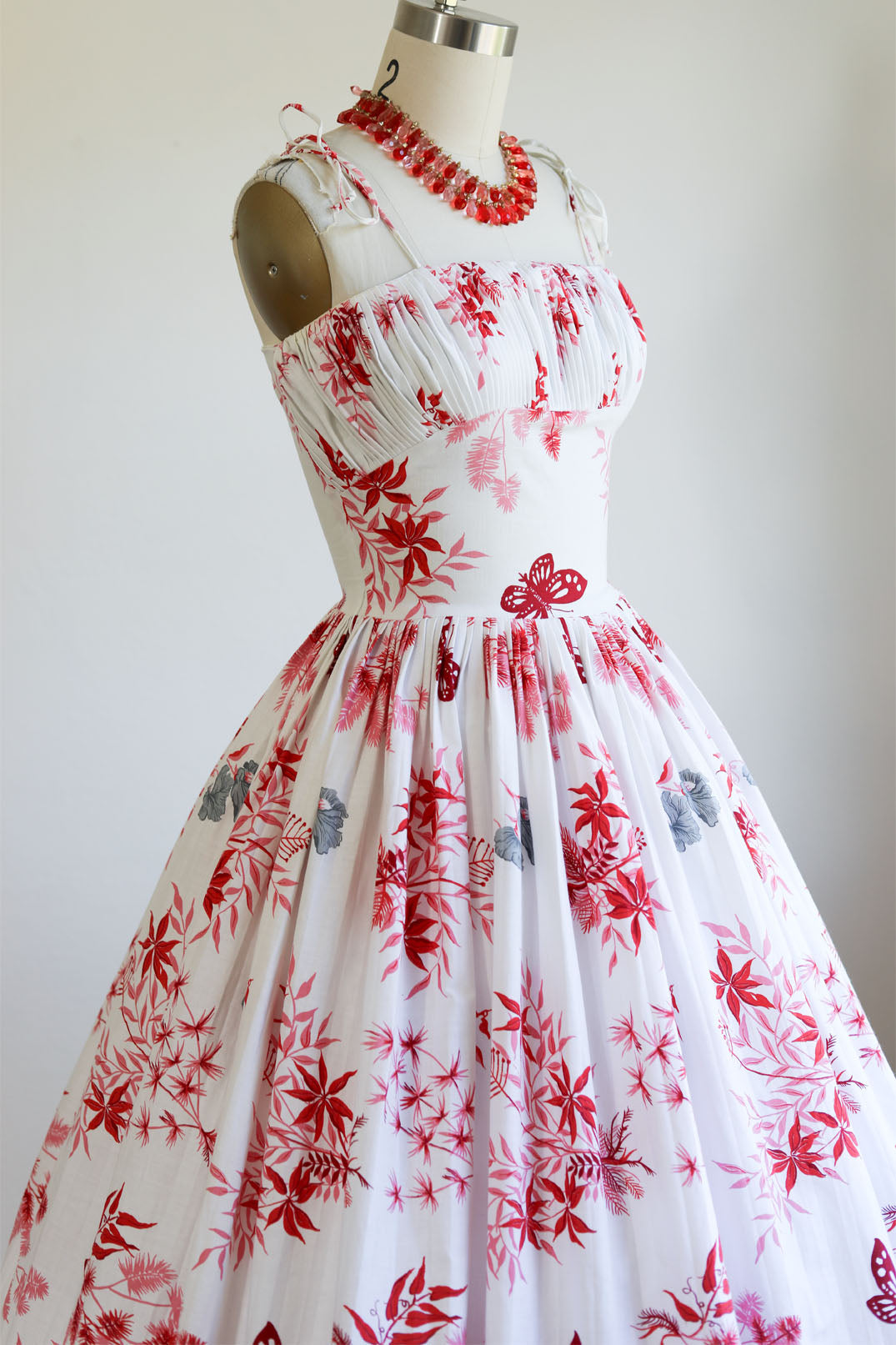 Vintage 1950s Dress - Rare + Amazing Tropical/Hawaiian Butterfly + Pine + Bamboo Novelty Print Pink Red Cotton Sundress Size XS to S