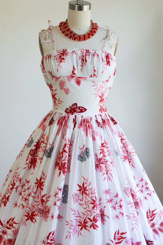 Vintage 1950s Dress - Rare + Amazing Tropical/Hawaiian Butterfly + Pine + Bamboo Novelty Print Pink Red Cotton Sundress Size XS to S