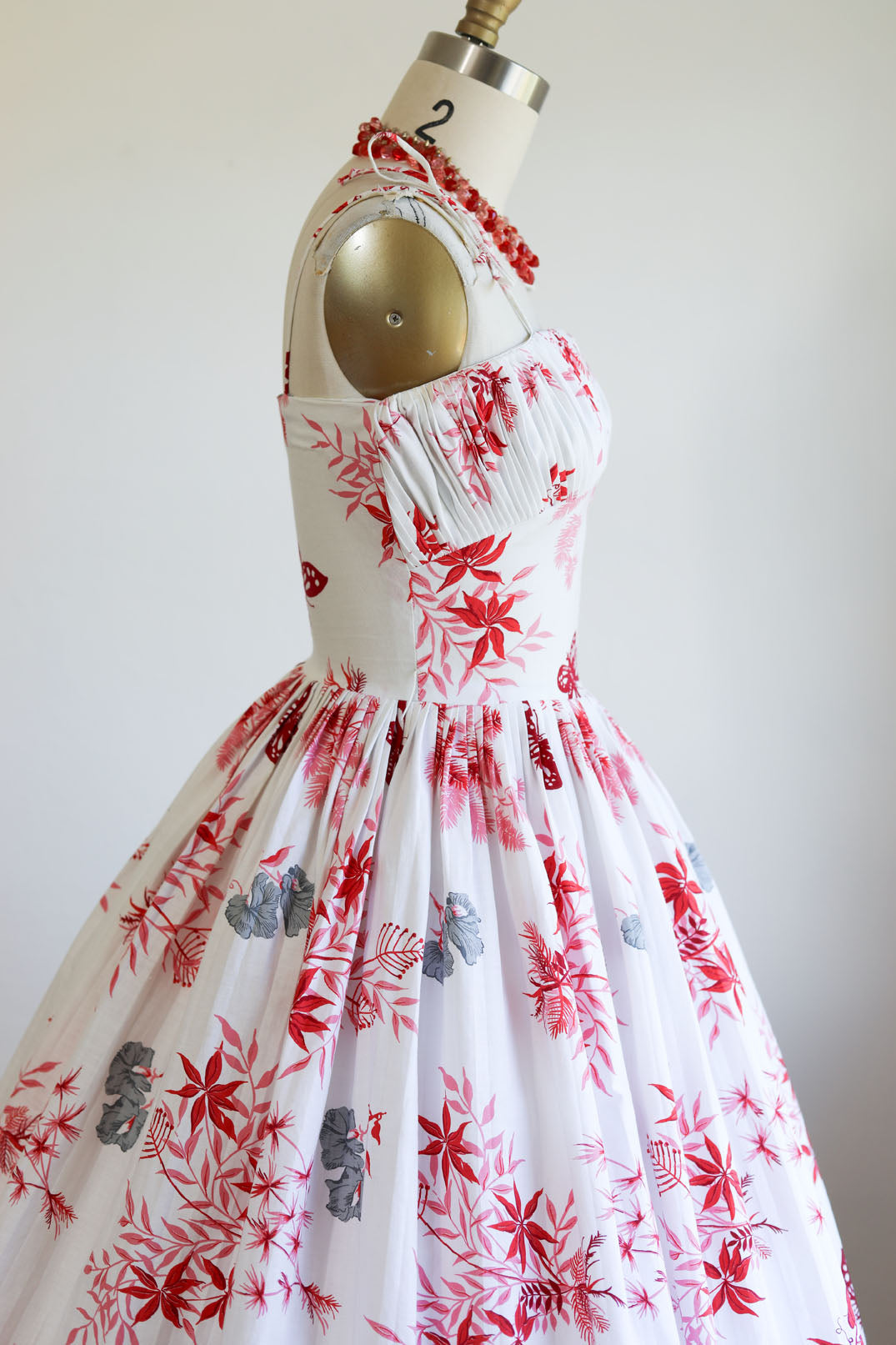 Vintage 1950s Dress - Rare + Amazing Tropical/Hawaiian Butterfly + Pine + Bamboo Novelty Print Pink Red Cotton Sundress Size XS to S