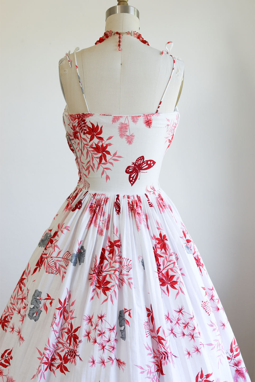 Vintage 1950s Dress - Rare + Amazing Tropical/Hawaiian Butterfly + Pine + Bamboo Novelty Print Pink Red Cotton Sundress Size XS to S
