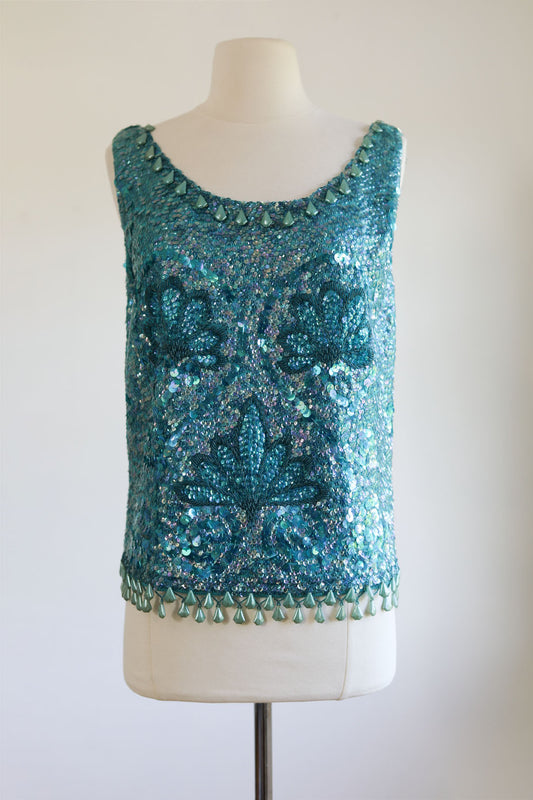 Vintage 1960s Beaded Sweater - Mermaid Aqua Aurora Borealis Lotus Flower w Heavy Sequins + Dangle Beads Size M to L