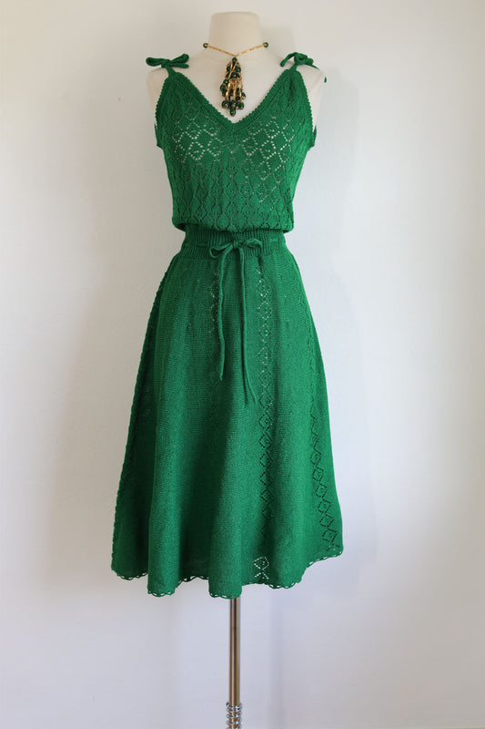 Vintage 1970s does 1940s Knitwear Dress - Emerald Green Pointelle Hand-Knit Sundress Size XS to M