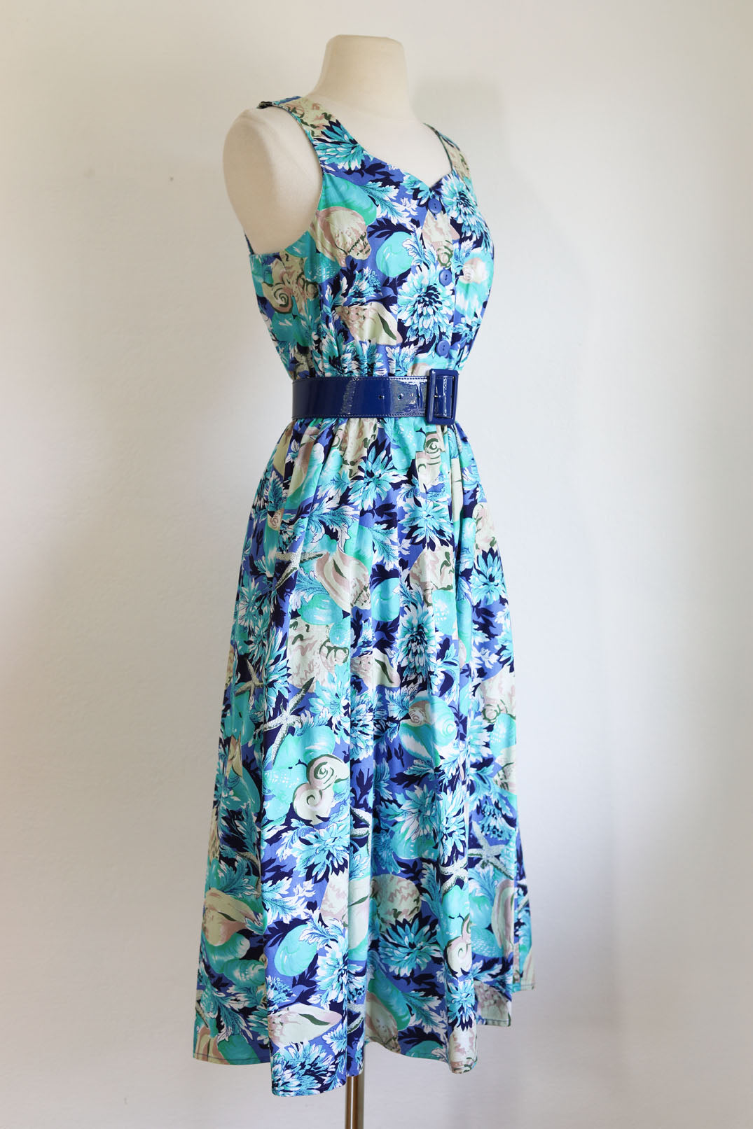 Vintage 1980s Novelty Under the Sea Sundress - Blue Cotton Seashell, Starfish, Peony Cotton Shirtwaist Dress Size XS to S