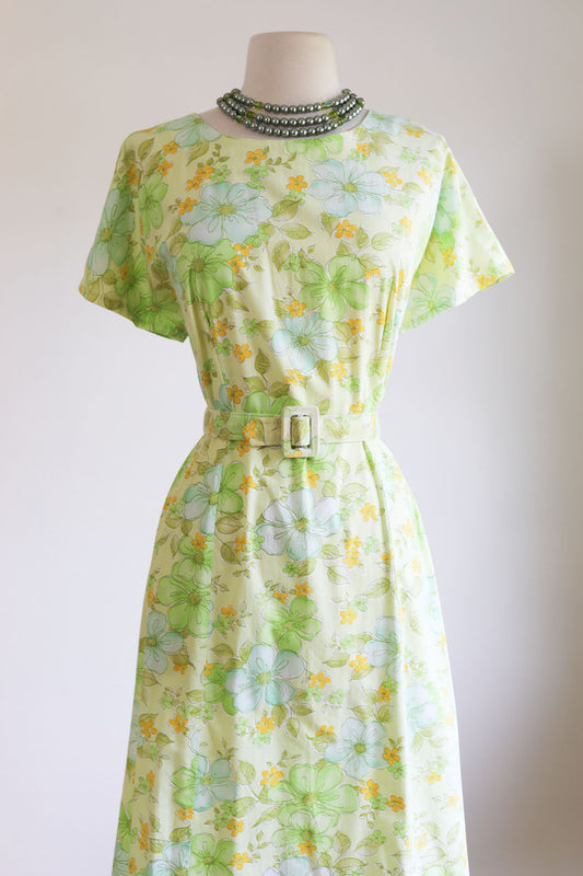 Vintage 1950s to 1960s Dress - Lime Olive Aqua Floral Print Cotton Belted Dress Size L