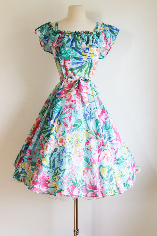 Vintage 1970s to 1980s Dress - Gorgeous Aqua Pink Blue Chartreuse Tropical Floral Cotton Sundress Size S to M