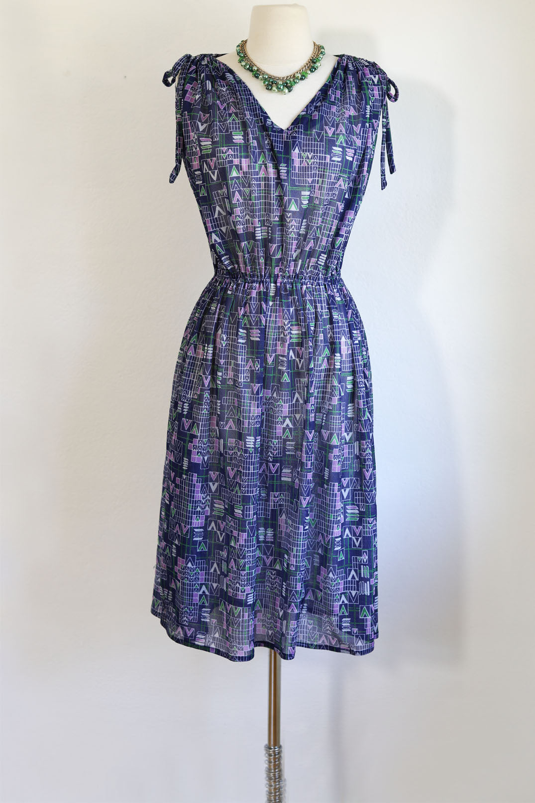Vintage 1970s Dress - Slinky Crepe Blue Tie-Shoulder Geometric V Novelty Print Sundress Size XS to L