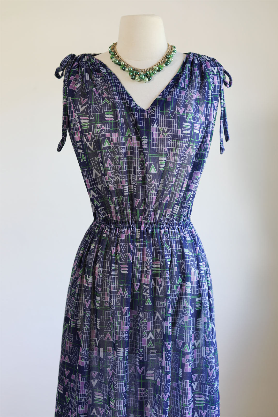 Vintage 1970s Dress - Slinky Crepe Blue Tie-Shoulder Geometric V Novelty Print Sundress Size XS to L