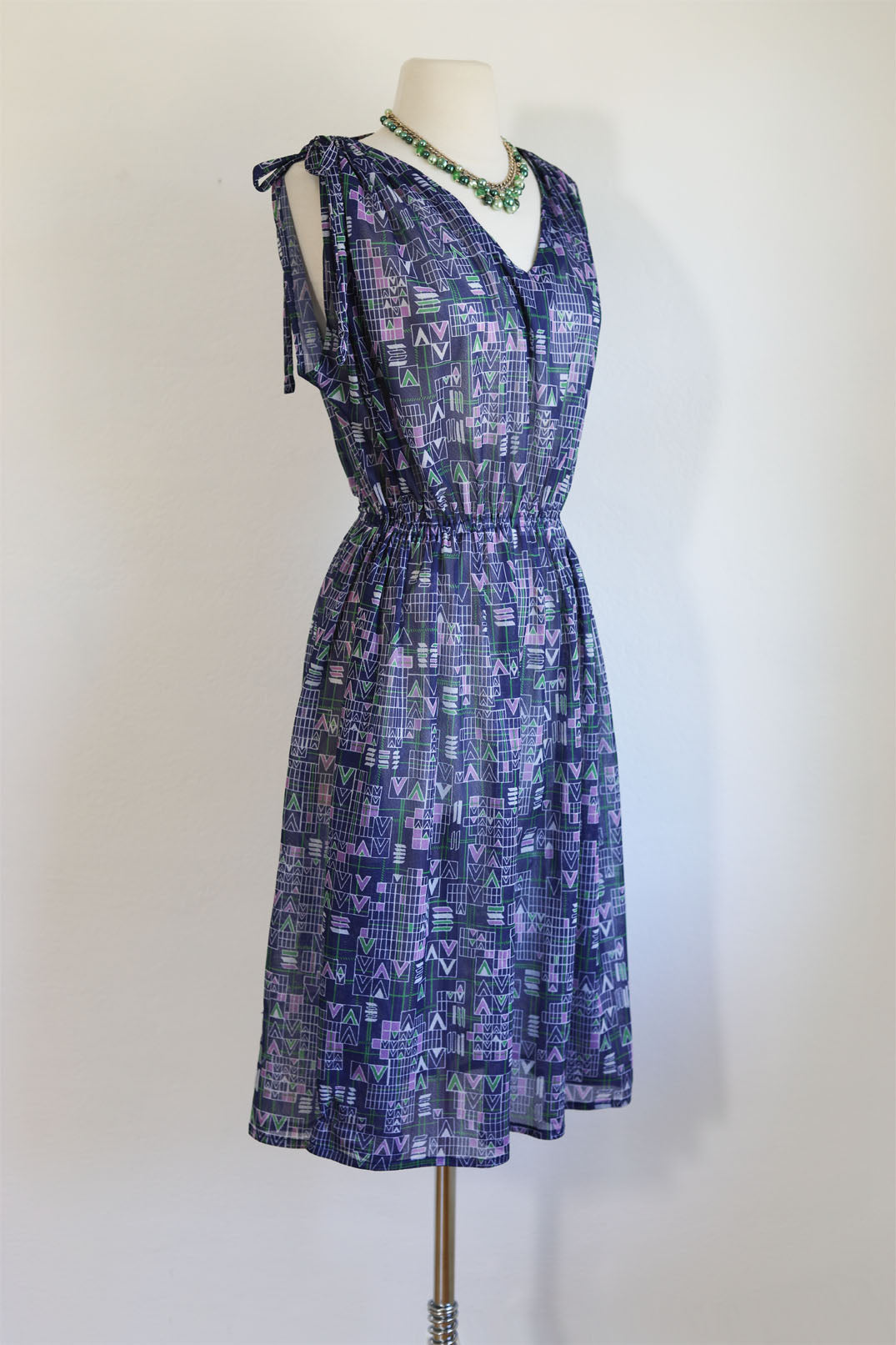 Vintage 1970s Dress - Slinky Crepe Blue Tie-Shoulder Geometric V Novelty Print Sundress Size XS to L