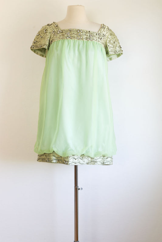 Vintage 1960s Mini Dress + Maxi Skirt Set - DELICIOUSLY PRETTY Designer Heavily Beaded Silk + Chiffon Green Tunic + Skirt Size XS to M