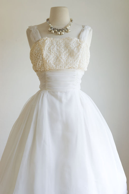 Vintage 1950s Dress - White + Ivory Chiffon + Lace Cupcake Dress Wedding Prom Party Size XS to S