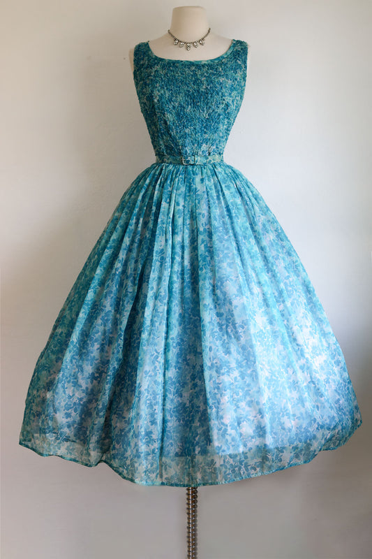 Vintage 1950s Dress - Aqua Blue White Floral Print Chiffon Tea Length Party Prom Dress Size M