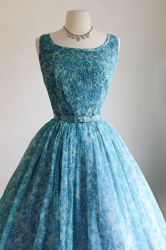 Vintage 1950s Dress - Aqua Blue White Floral Print Chiffon Tea Length Party Prom Dress Size M