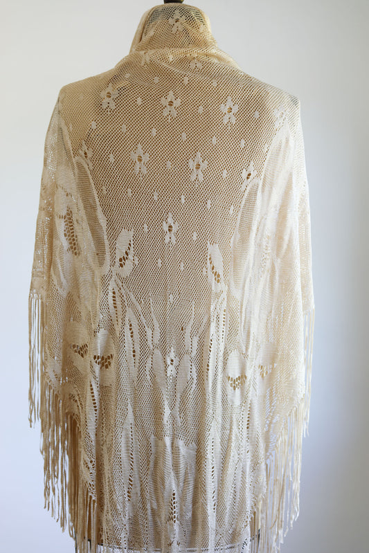 Vintage 1970s Piano Shawl - BOHEMIAN Deadstock Knit Floral Fringe Huge Wrap Size XS to XL (Fits Any!)