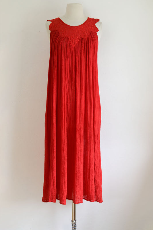 Vintage 1970s to 1980s Maxi Dress - Greek Gauze Cotton Red Embroidery Eyelet Roses Kaftan Crinkle w Belt Fits S to L