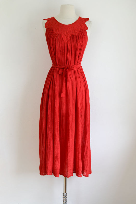 Vintage 1970s to 1980s Maxi Dress - Greek Gauze Cotton Red Embroidery Eyelet Roses Kaftan Crinkle w Belt Fits S to L