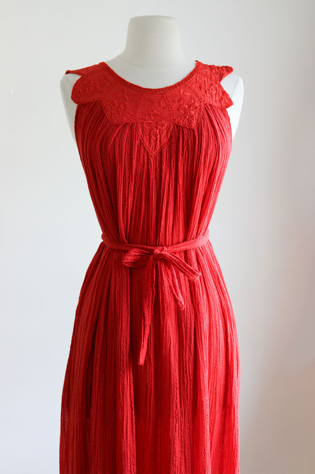 Vintage 1970s to 1980s Maxi Dress - Greek Gauze Cotton Red Embroidery Eyelet Roses Kaftan Crinkle w Belt Fits S to L