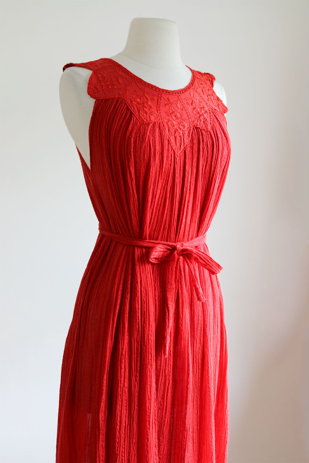 Vintage 1970s to 1980s Maxi Dress - Greek Gauze Cotton Red Embroidery Eyelet Roses Kaftan Crinkle w Belt Fits S to L