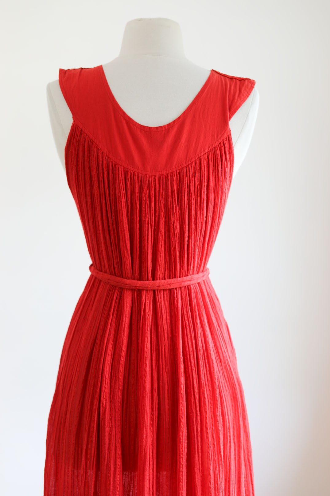 Vintage 1970s to 1980s Maxi Dress - Greek Gauze Cotton Red Embroidery Eyelet Roses Kaftan Crinkle w Belt Fits S to L