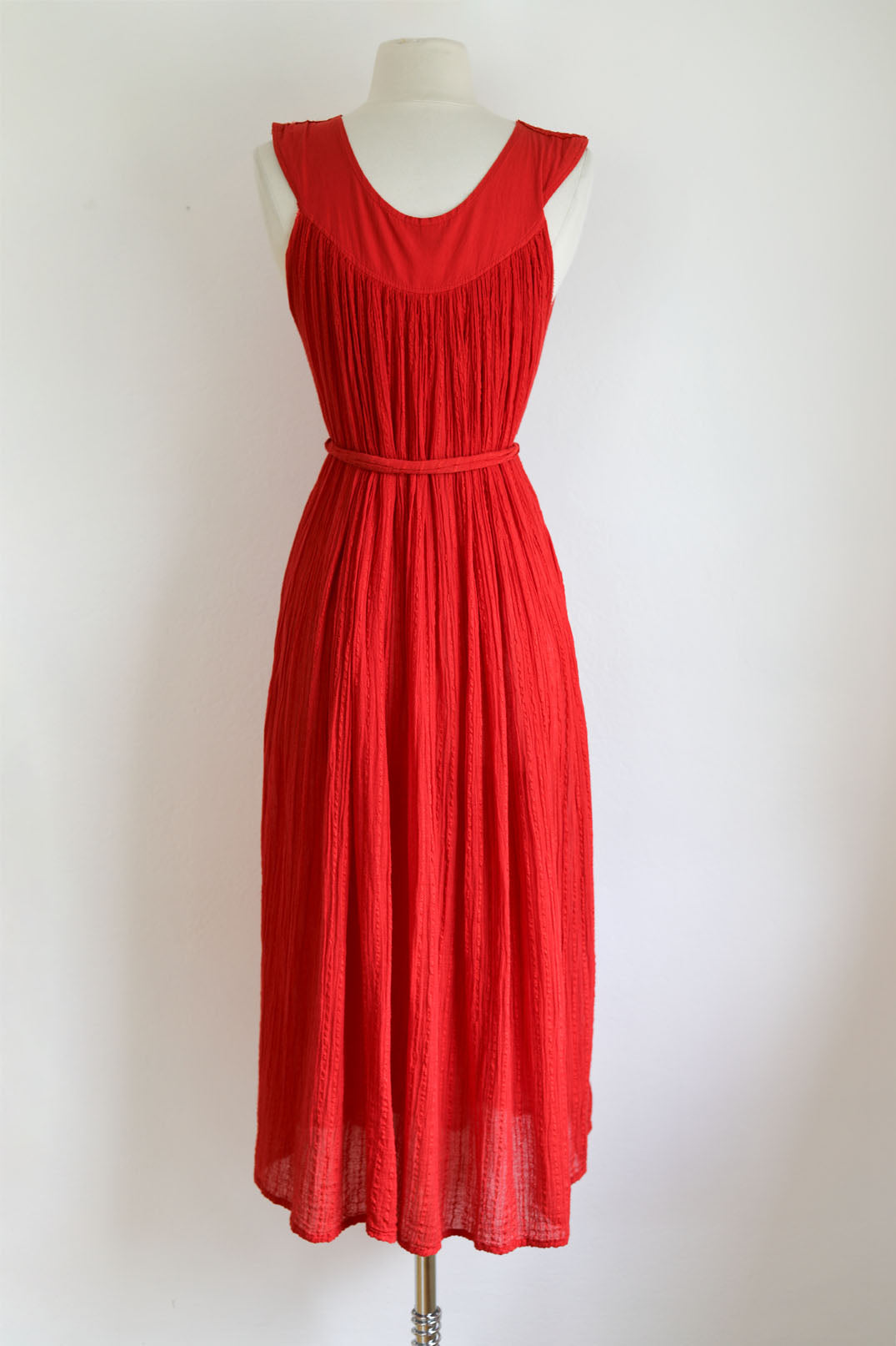 Vintage 1970s to 1980s Maxi Dress - Greek Gauze Cotton Red Embroidery Eyelet Roses Kaftan Crinkle w Belt Fits S to L