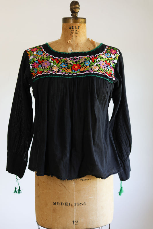 Vintage 1960s to 1970s Gauze Mexican Tourista Top - BEAUTIFUL Black Cheesecloth Cotton w Tassel Cuffs Size XS to M