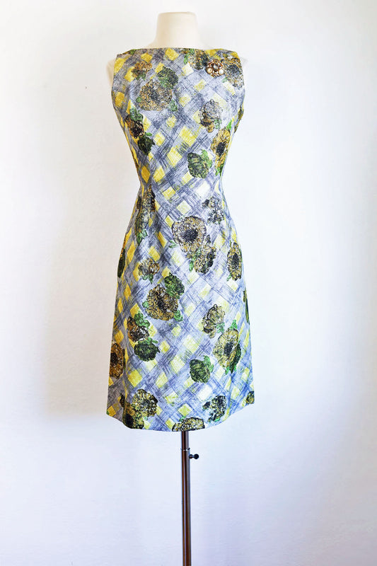 Vintage 1960s Dress - Chartreuse Olive Gray Plaid Silver Lurex Sparkling Sculpted Cocktail Dress Size XS