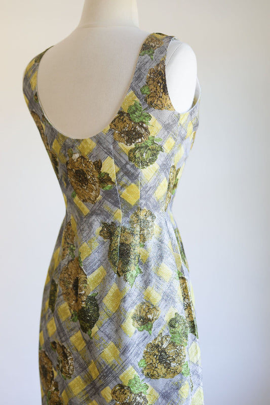 Vintage 1960s Dress - Chartreuse Olive Gray Plaid Silver Lurex Sparkling Sculpted Cocktail Dress Size XS