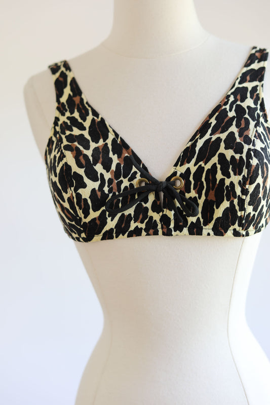 Vintage 1960s Cole of California Bra Top - RARE Lace-up Leopard Print Bikini Sun Top Size XS to S