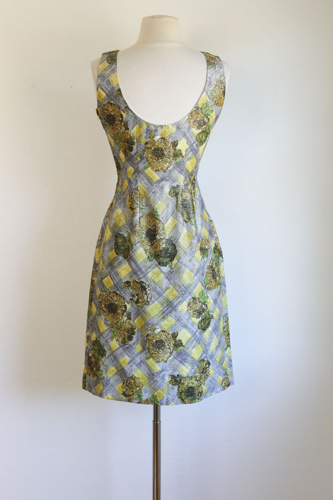 Vintage 1960s Dress - Chartreuse Olive Gray Plaid Silver Lurex Sparkling Sculpted Cocktail Dress Size XS