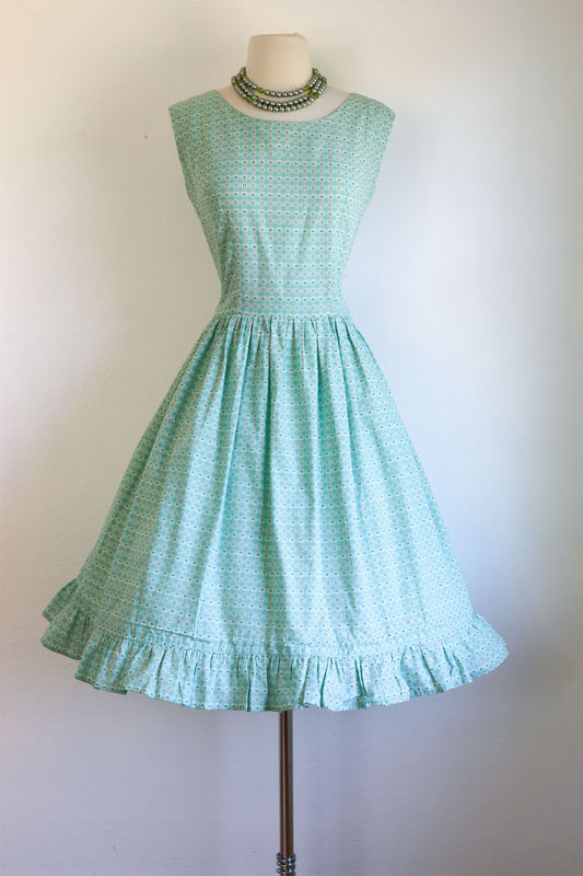 Vintage 1950s Dress - Aqua Green Woven Gingham Plaid Full Skirt Sundress Size M