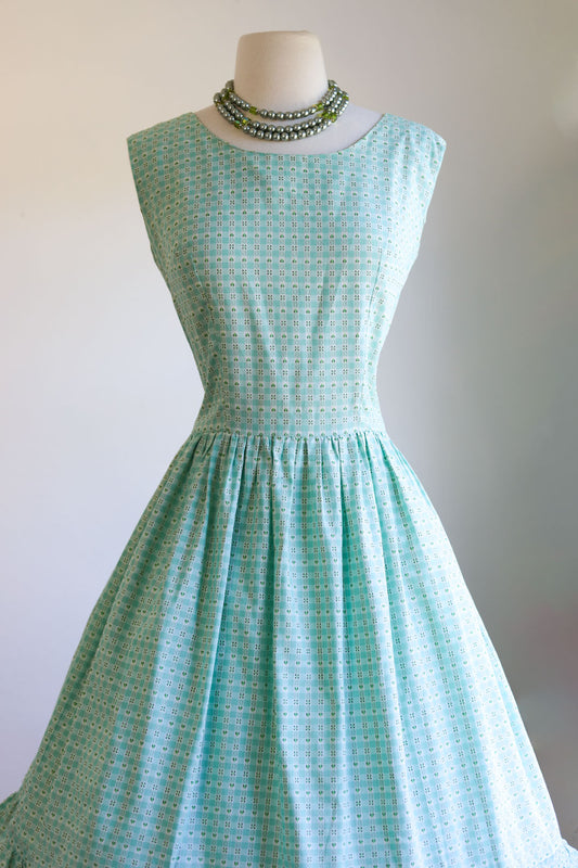 Vintage 1950s Dress - Aqua Green Woven Gingham Plaid Full Skirt Sundress Size M