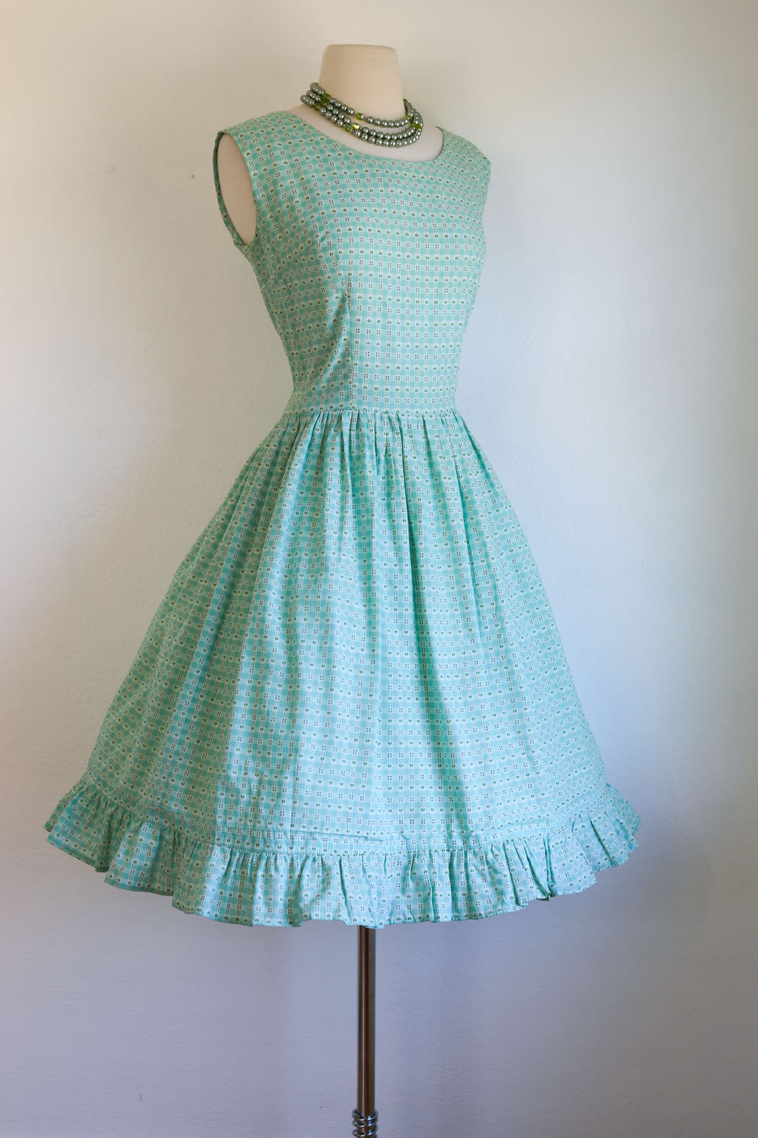 Vintage 1950s Dress - Aqua Green Woven Gingham Plaid Full Skirt Sundress Size M