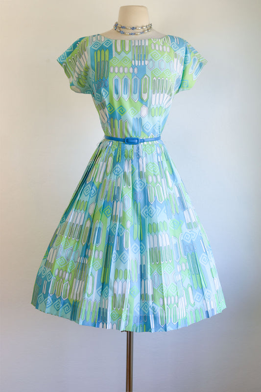 Vintage 1960s Dress - Midcentury Modern Print Blue Lime Aqua "Candy Jrs." Full Skirt Dress Size M