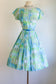 Vintage 1960s Dress - Midcentury Modern Print Blue Lime Aqua "Candy Jrs." Full Skirt Dress Size M