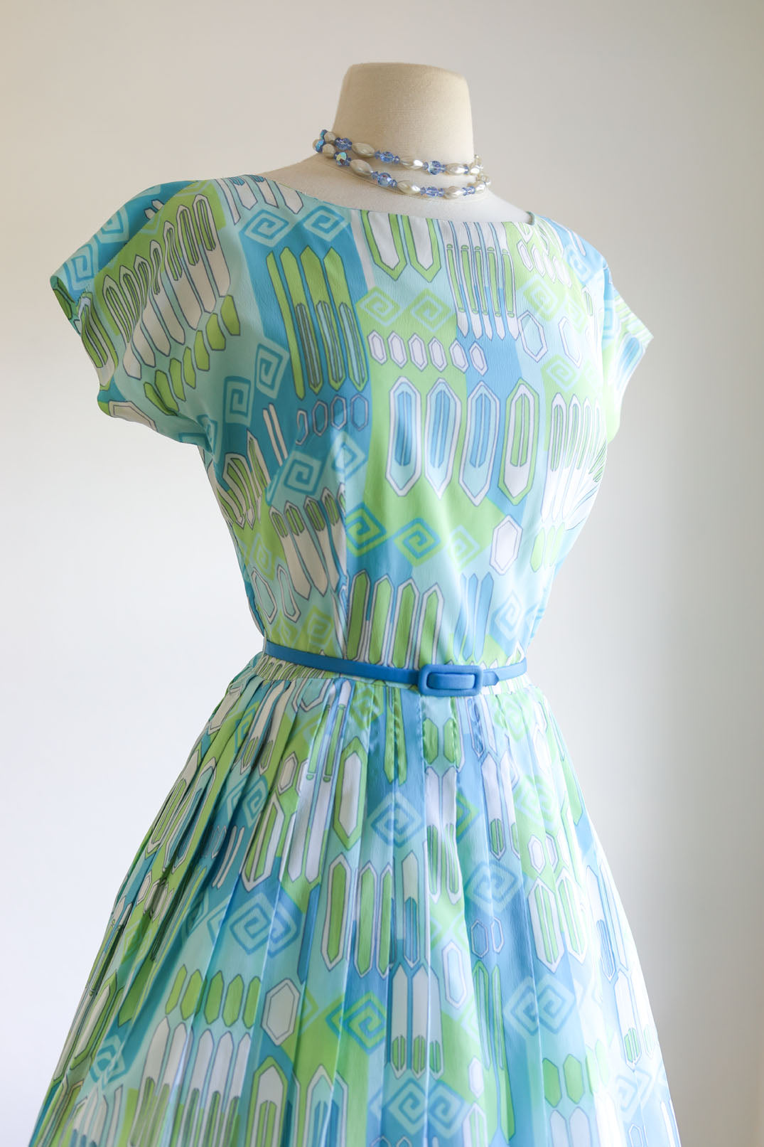 Vintage 1960s Dress - Midcentury Modern Print Blue Lime Aqua "Candy Jrs." Full Skirt Dress Size M