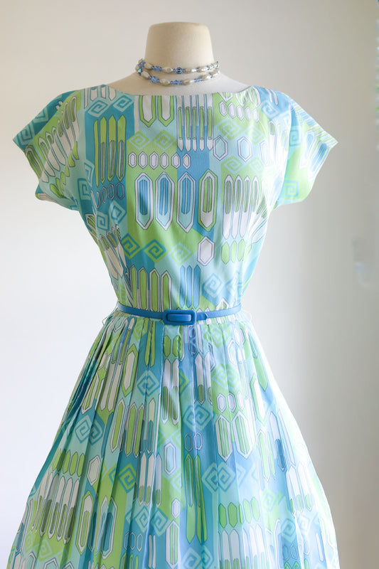 Vintage 1960s Dress - Midcentury Modern Print Blue Lime Aqua "Candy Jrs." Full Skirt Dress Size M